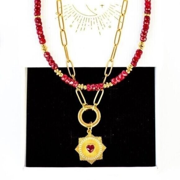Red Heart Charm Necklace Gold Chain Removable Star Charm Non-Tarnish Gold PRETTY - Picture 3 of 14